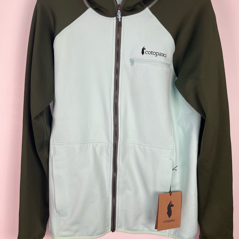 Cotopaxi zippered hoodie.  Light blue and green.  New with tags.